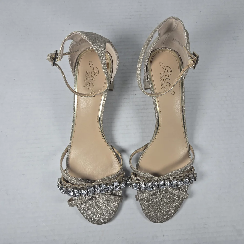 Jewel Badgley Mischka Giona Gold Jeweled Ankle Strap Block Heels Size 8 - Picture 4 of 15